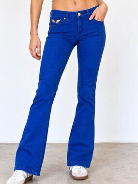 Robin's Jean Marilyn Cobalt Blue Gold Wing Bootcut Jeans Y2K McBling 25